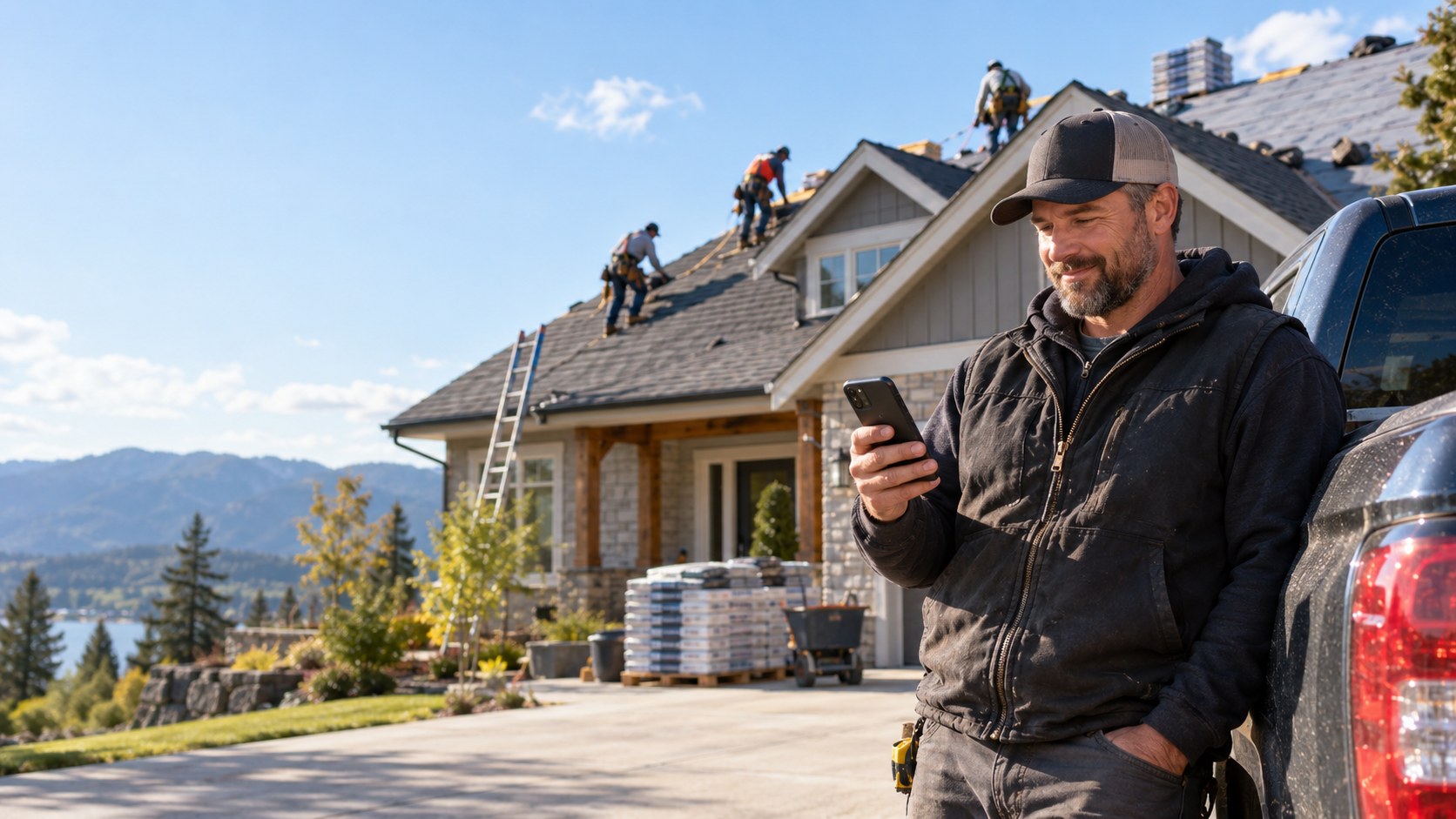 Roofing company owner reviewing a new job while a crew replaces a roof