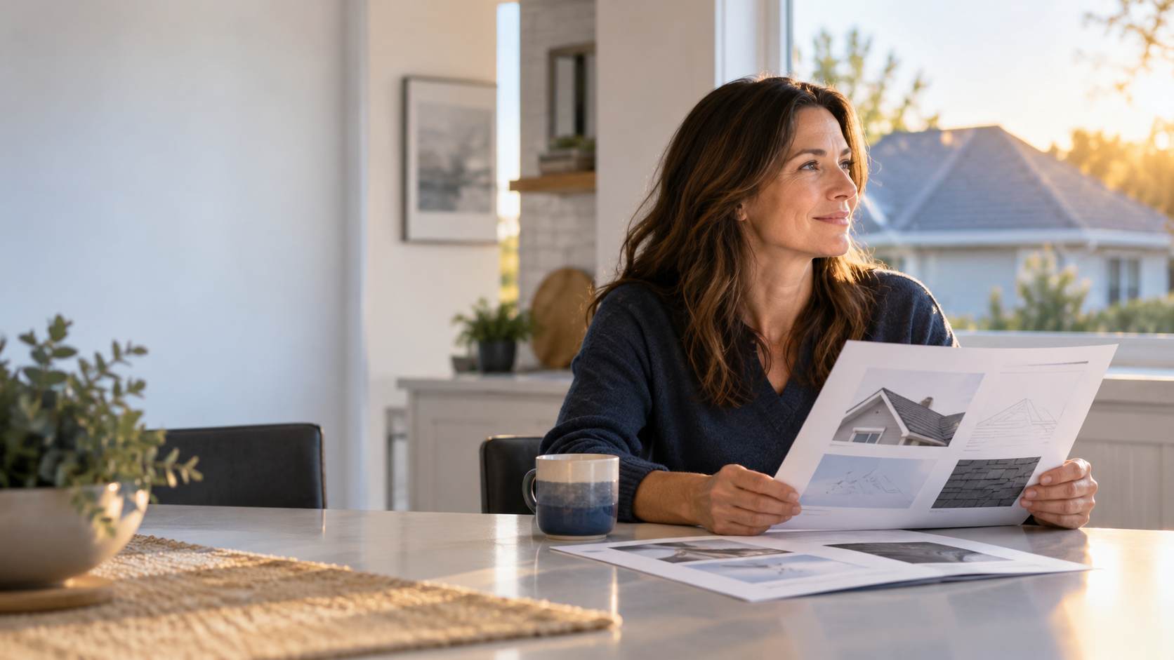 Homeowner reviewing a roof project packet