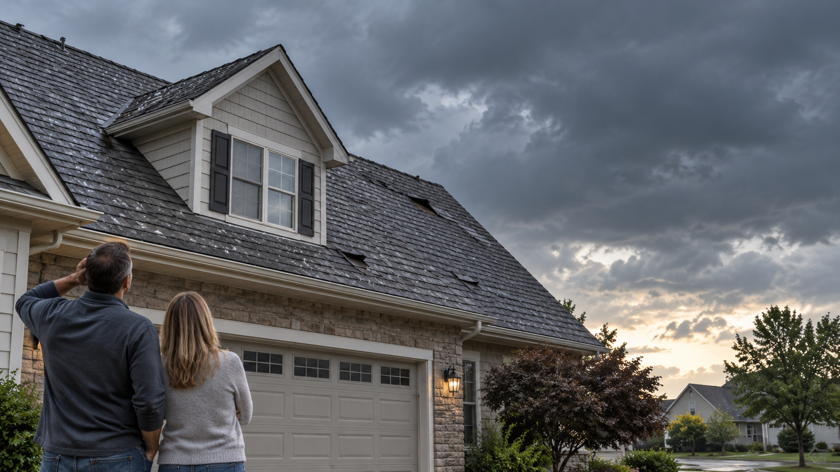 Homeowners looking up at visible storm damage on their roof