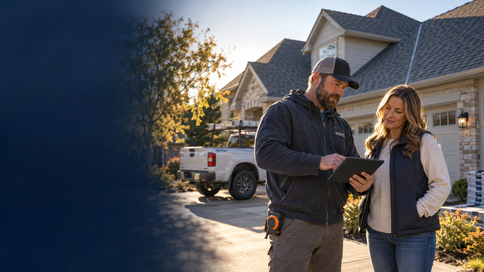 Roofing professional discussing a roof project with a homeowner